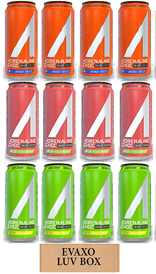  LUV BOX - Variety Adrenaline Shoc Smart Energy Drink 16 oz Cans Pack of 12,Sour Candy,Peach Mango,Orange Freeze,by evaxo  - 301158423940