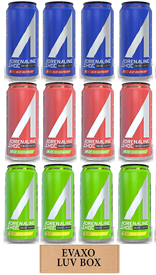  LUV BOX - Variety Adrenaline Shoc Smart Energy Drink 16 oz Cans Pack of 12,Sour Candy,Peach Mango,Blue Raspberry,by evaxo  - 301158423957