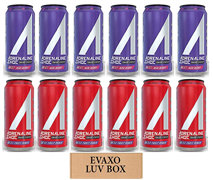LUV BOX - Variety Adrenaline Shoc Smart Energy Drink 16 oz Cans Pack of 12,Acai Berry,Fruit Punch,by evaxo - 301158424213