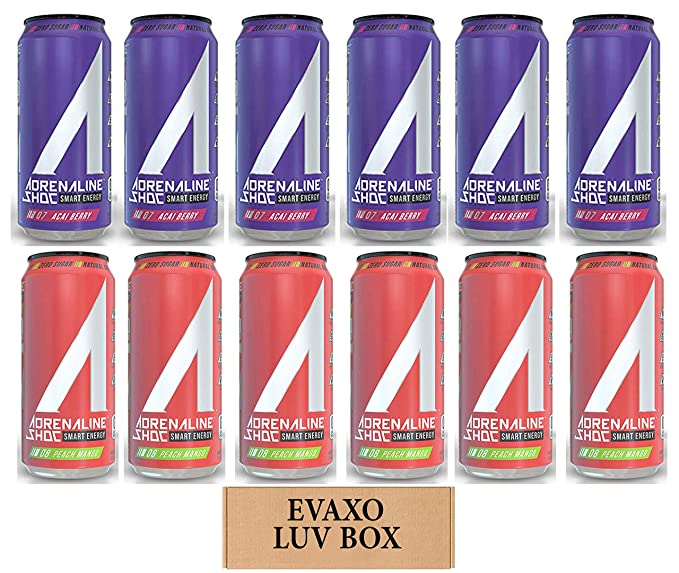  LUV BOX - Variety Adrenaline Shoc Smart Energy Drink 16 oz Cans Pack of 12,Acai Berry,Peach Mango,by evaxo  - 301158424244