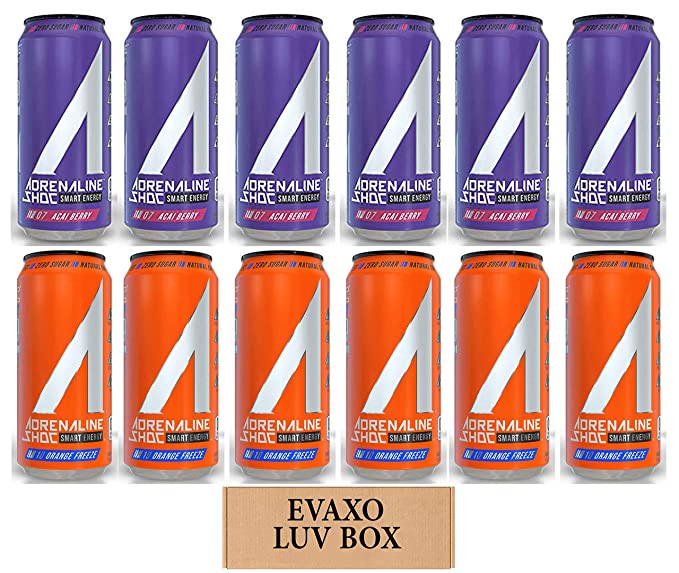  LUV BOX - Variety Adrenaline Shoc Smart Energy Drink 16 oz Cans Pack of 12,Acai Berry,Orange Freeze,by evaxo  - 301158424251