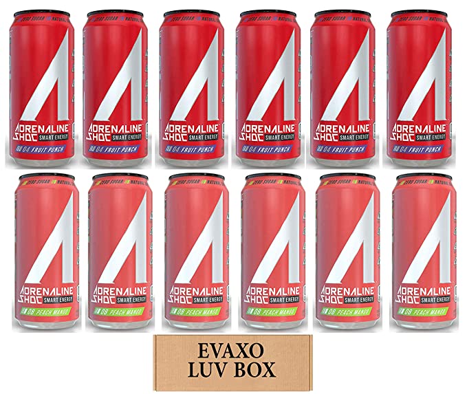 LUV BOX - Variety Adrenaline Shoc Smart Energy Drink 16 oz Cans Pack of 12,Fruit Punch,Peach Mango,by evaxo - 301158424299