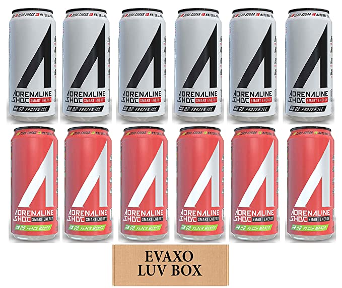 LUV BOX - Variety Adrenaline Shoc Smart Energy Drink 16 oz Cans Pack of 12,Frozen Ice,Peach Mango,by evaxo - 301158424336