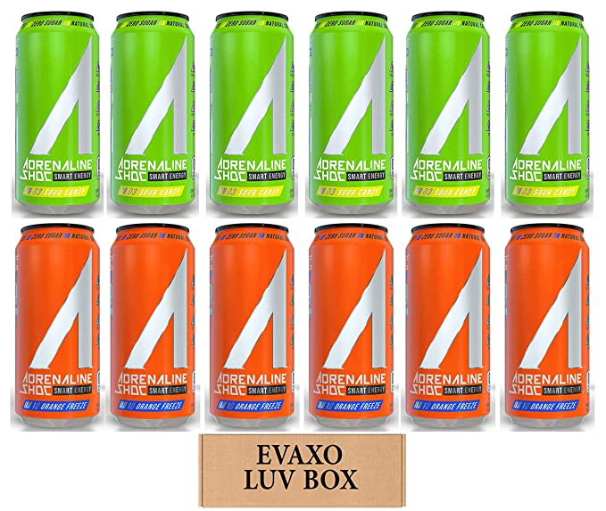  LUV BOX - Variety Adrenaline Shoc Smart Energy Drink 16 oz Cans Pack of 12,Sour Candy,Orange Freeze,by evaxo  - 301158424374