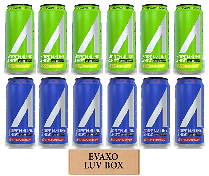  LUV BOX - Variety Adrenaline Shoc Smart Energy Drink 16 oz Cans Pack of 12,Sour Candy,Blue Raspberry,by evaxo  - 301158424381