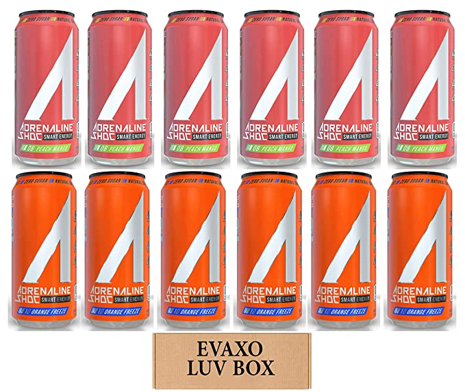  LUV BOX - Variety Adrenaline Shoc Smart Energy Drink 16 oz Cans Pack of 12,Peach Mango,Orange Freeze,by evaxo  - 301158424398