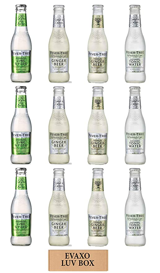 LUV BOX - Variety Fever Tree Drink 6.8 Oz Bottles,Pack of 12,Sparkling Lime & Yuzu Soda Mixer,Premium Ginger Beer,Light Cucumber Tonic Water Glass Bottles,Refreshingly Light Ginger Beer,by evaxo - 301158424718