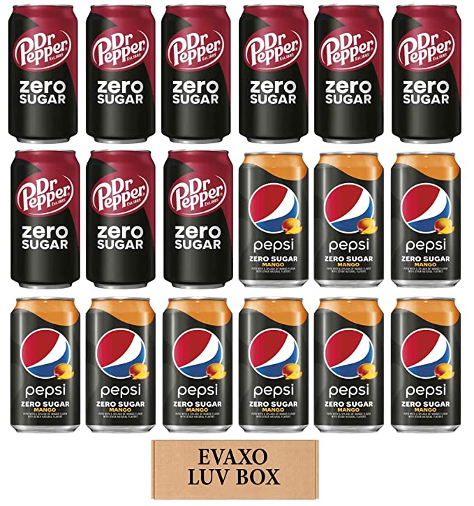  LUV BOX - Variety Zero Sugar Soft Drinks 12 Oz Cans,Pack of 18,Dr Pepper Zero,Pepsi Mango Zero Sugar by evaxo  - 301158424848