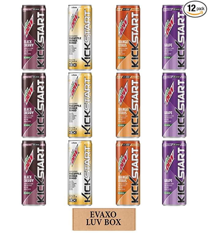 LUV BOX - Variety Mtn Dew Kickstart 12 oz Cans,Pack of 12,Black Cherry,Pineapple Orange Mango,Orange Citrus,Grape,by evaxo - 301158425005