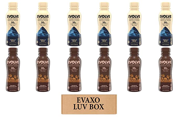 LUV BOX - Variety Protein Shake Drinks 11.16oz Plastic Bottle,Pack of 12,Evolve Protein Shake Vanilla Bean,Evolve Protein Shake Double Chocolate,by evaxo - 301158425982