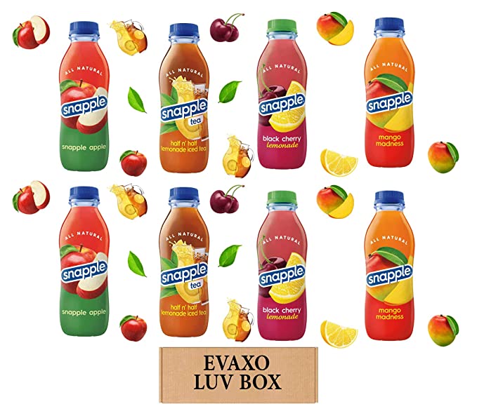  LUV BOX - Variety Snapple Juice Drinks 16oz Plastic Bottle Pack of 8,apple,half n' half lemonade iced tea,black cherry lemonade,mango madness,by evaxo  - 301158426590