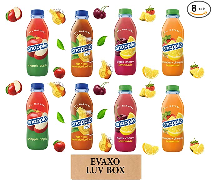  LUV BOX - Variety Snapple Juice Drinks 16oz Plastic Bottle Pack of 8,apple,half n' half lemonade iced tea,black cherry lemonade,strawberry pineapple lemonade,by evaxo  - 301158426613