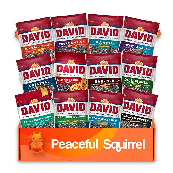  Peaceful Squirrel Variety, DAVID Sunflower Seeds jumbo Variety of 12 Flavors, Keto Friendly, On-The-Go Snack, 5.25 Oz Each  - 301651030027