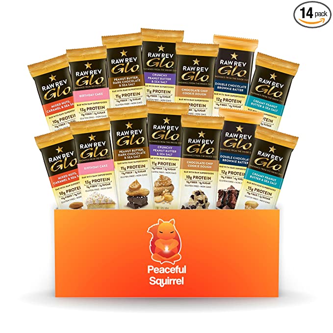  Peaceful Squirrel Variety, Raw Rev, Glo Bars, High Protein and Fiber, Vegan, Gluten-Free Bars - Variety of 14, (2 of Each Flavor) - 1.6 Ounce  - 301651030041