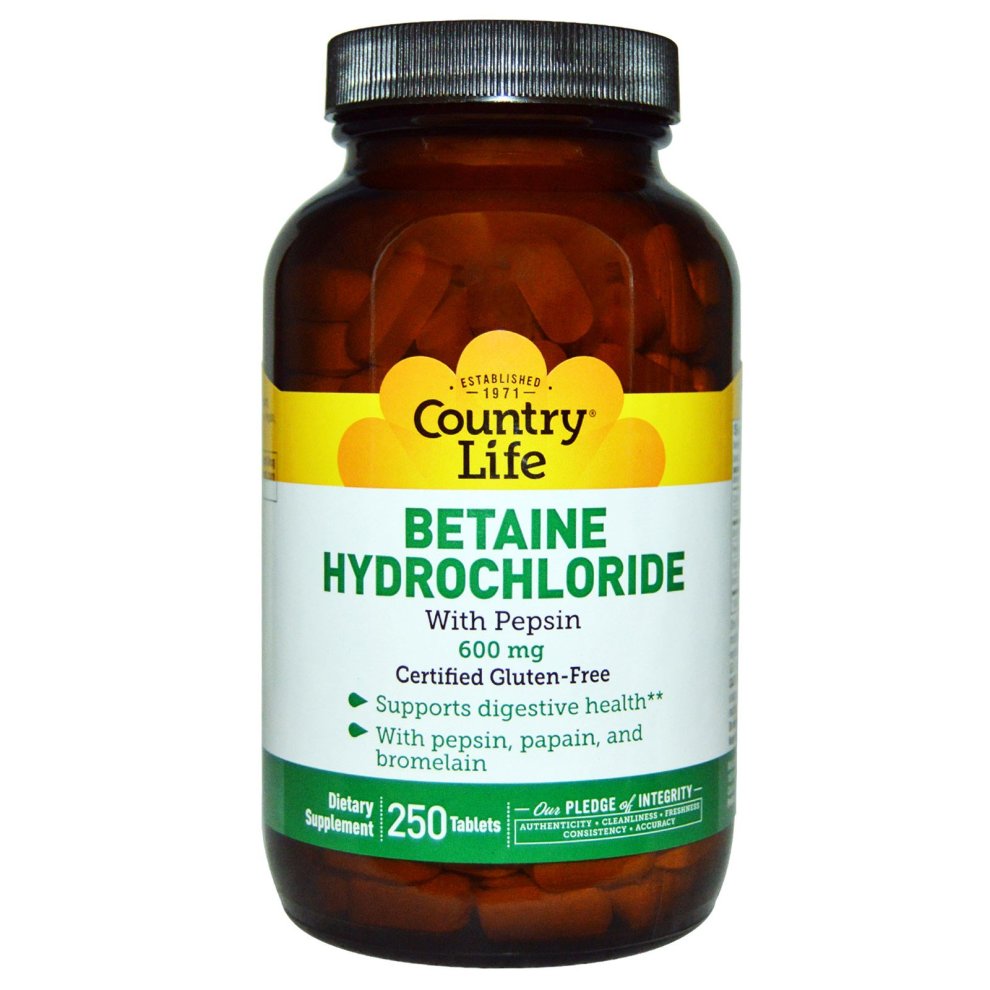 Country Life, Betaine Hydrochloride, with Pepsin, 600 mg, 250 Tablets - 301653905293