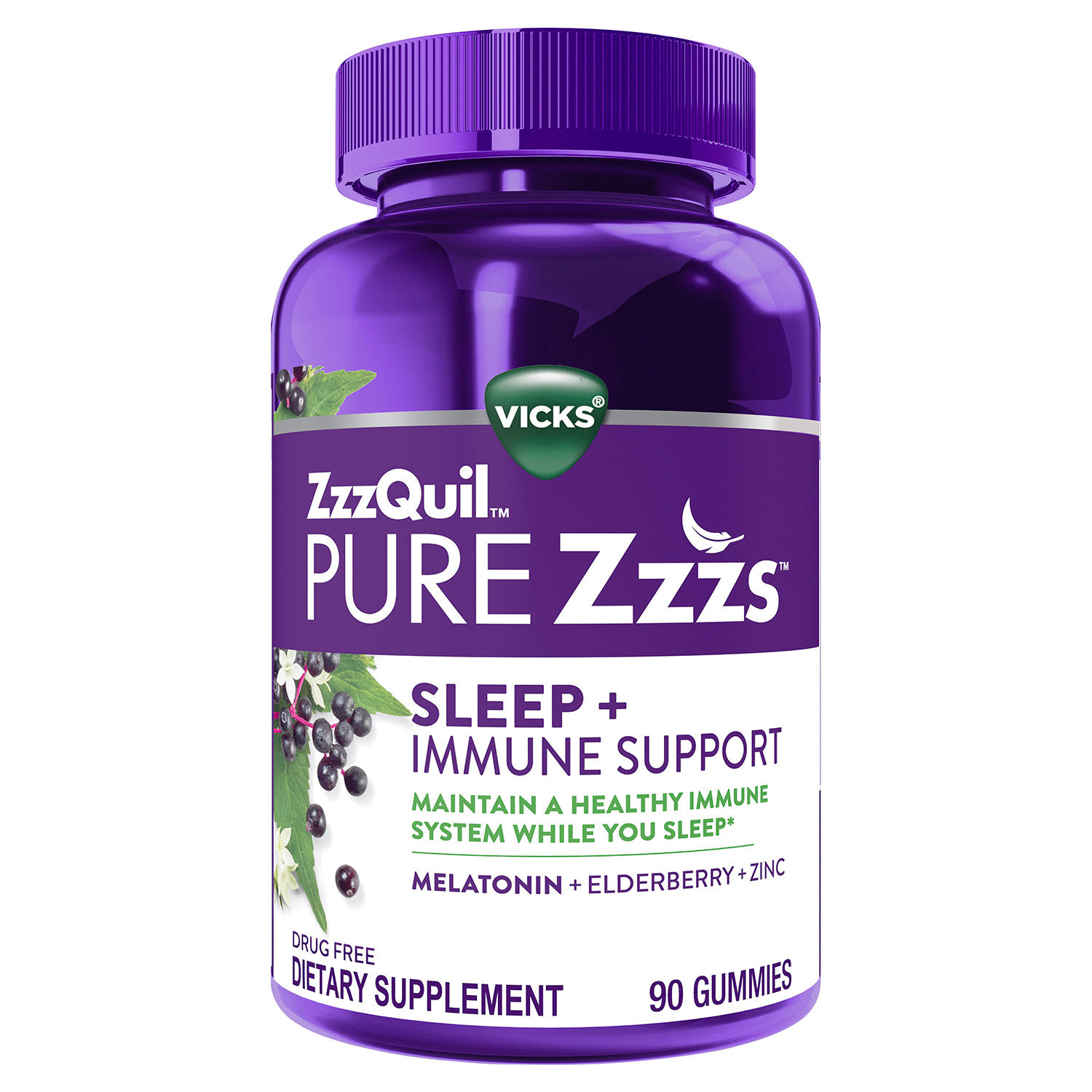 ZzzQuil PURE Zzzs Sleep + Immune Support Melatonin Sleep Aid Gummies with Elderberry, Zinc 90 Count - 323900042339