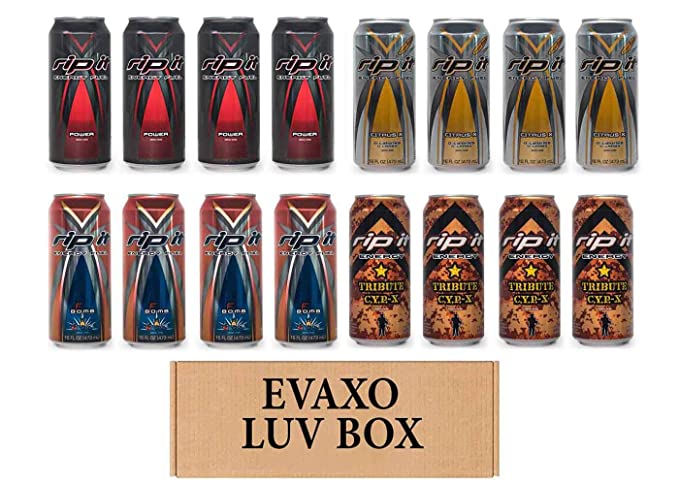 LUV BOX- Variety Rip It Energy Fuel Drinks 16 oz. pack of 16 , RIP IT Power , RIP IT Citrus X, RIP IT F-Bomb , RIP IT C.Y.P.-X. by evaxo - 343528900415
