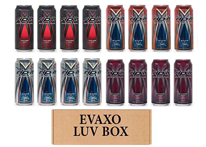 LUV BOX- Variety Rip It Energy Fuel Drinks 16 oz. pack of 16 , RIP IT Power , RIP IT F-Bomb , RIP IT F-Bomb Sugar Free , RIP IT A'tomic Pom. by evaxo - 343528900507