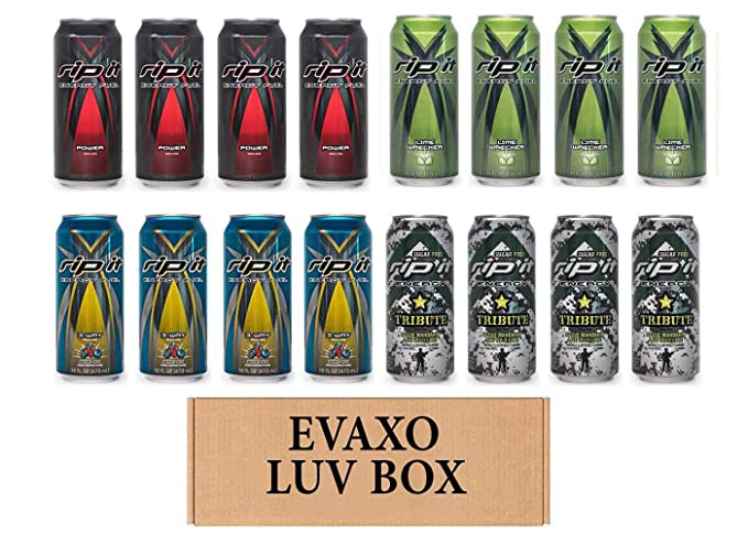  LUV BOX- Variety Rip It Energy Fuel Drinks 16 oz. pack of 16 , RIP IT Power , RIP IT Lime Wrecker , RIP IT 3-Way , RIP IT Tribute Sugar Free. by evaxo  - 343528901009
