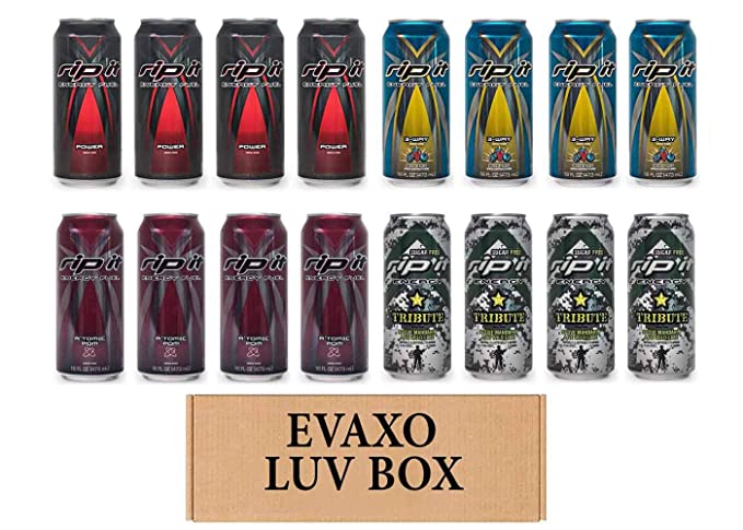  LUV BOX- Variety Rip It Energy Fuel Drinks 16 oz. pack of 16 , RIP IT Power , RIP IT 3-Way , RIP IT A'tomic Pom , RIP IT Tribute Sugar Free. by evaxo  - 343528901061