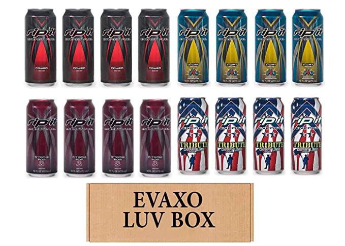  LUV BOX- Variety Rip It Energy Fuel Drinks 16 oz. pack of 16 , RIP IT Power , RIP IT 3-Way , RIP IT A'tomic Pom , RIP IT Tribute Cherry Lime. by evaxo  - 343528901078