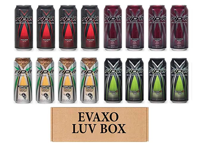  LUV BOX- Variety Rip It Energy Fuel Drinks 16 oz. pack of 16 , RIP IT Power , RIP IT A'tomic Pom , RIP IT Poo Tin Power , RIP IT Sting-er MO. by evaxo  - 343528901085