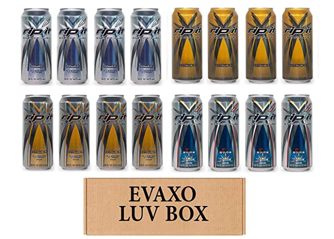  LUV BOX- Variety Rip It Energy Fuel Drinks 16 oz. pack of 16 , RIP IT Power Sugar Free , RIP IT Citrus X , RIP IT Citrus X Sugar Free , RIP IT F-Bomb Sugar Free. by evaxo  - 343528901245