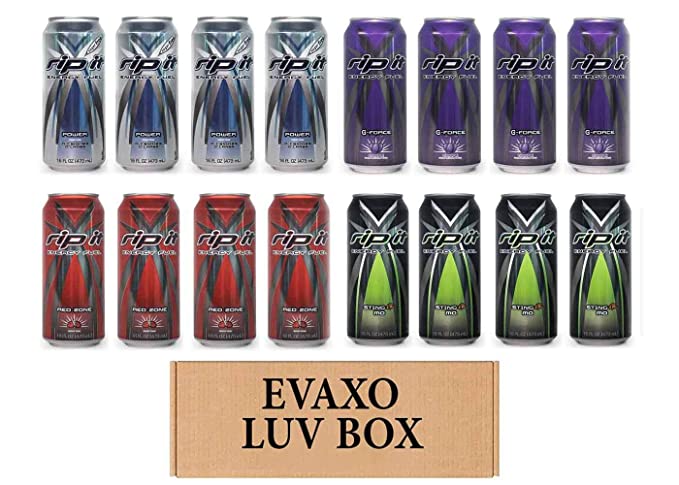  LUV BOX- Variety Rip It Energy Fuel Drinks 16 oz. pack of 16 , RIP IT Power Sugar Free , RIP IT G-Force , RIP IT Red Zone , RIP IT Sting-er Mo.by evaxo  - 343528901788