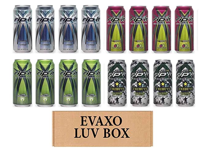  LUV BOX- Variety Rip It Energy Fuel Drinks 16 oz. pack of 16 , RIP IT Power Sugar Free , RIP IT LeMoan'R , RIP IT Lime Wrecker , RIP IT Tribute Sugar Free. by evaxo  - 343528901986