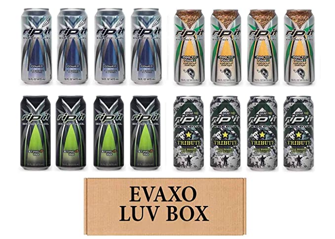 LUV BOX- Variety Rip It Energy Fuel Drinks 16 oz. pack of 16 , RIP IT Power Sugar Free , RIP IT Poo Tin Power , RIP IT Sting-er MO , RIP IT Tribute Sugar Free. by evaxo - 343528902204
