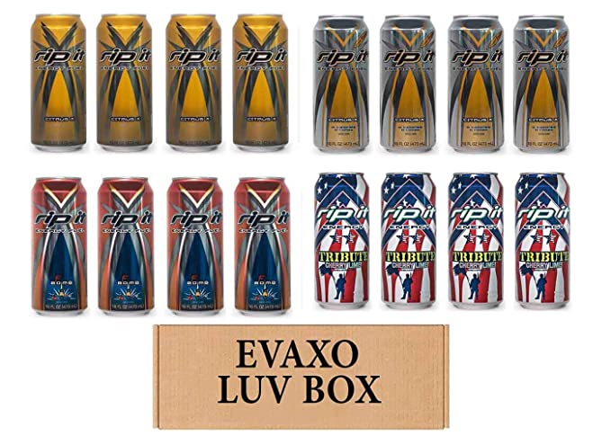 LUV BOX- Variety Rip It Energy Fuel Drinks 16 oz. RIP IT Citrus X , RIP IT Citrus X Sugar Free , RIP IT F-Bomb , RIP IT Tribute Cherry Lime. by evaxo - 343528902402