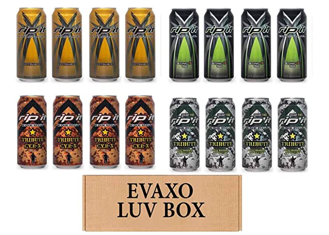  LUV BOX- Variety Rip It Energy Fuel Drinks 16 oz. RIP IT Citrus X , RIP IT Sting-er MO , RIP IT C.Y.P.-X , RIP IT Tribute. By Evaxo  - 343528903140