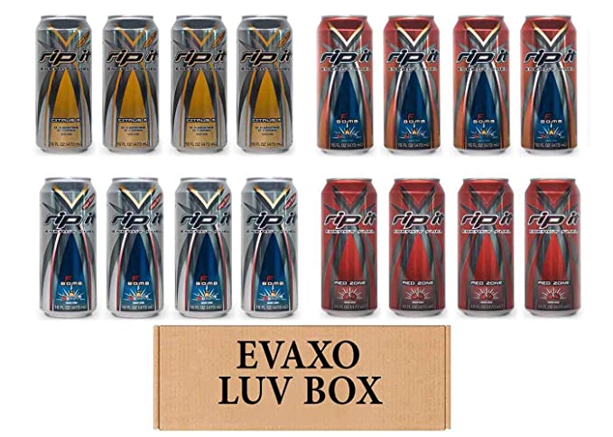 LUV BOX- Variety Rip It Energy Fuel Drinks 16 oz. RIP IT Citrus X Sugar Free , RIP IT F-Bomb , RIP IT F-Bomb Sugar Free , RIP IT Red Zone. By Evaxo - 343528903201