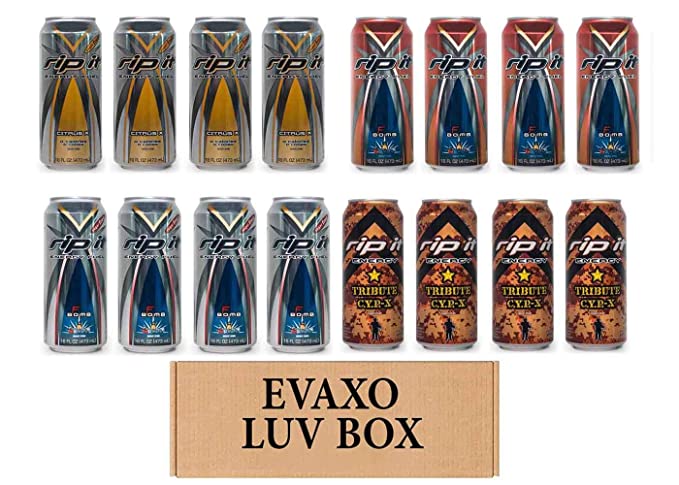 LUV BOX- Variety Rip It Energy Fuel Drinks 16 oz. RIP IT Citrus X Sugar Free , RIP IT F-Bomb , RIP IT F-Bomb Sugar Free , RIP IT C.Y.P.-X. By Evaxo - 343528903270