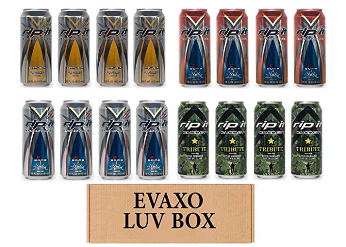 LUV BOX- Variety Rip It Energy Fuel Drinks 16 oz. RIP IT Citrus X Sugar Free , RIP IT F-Bomb , RIP IT F-Bomb Sugar Free , RIP IT Tribute. By Evaxo - 343528903287