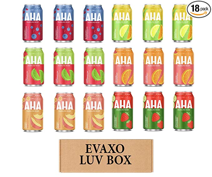 LUV BOX- variety AHA Sparkling water cans 12 oz. pack of 18 , BLUEBERRY POMEGRANATE , CITRUS GREEN TEA , LIME + WATERMELON , ORANGE + GRAPEFRUIT , PEACH HONEY , STRAWBERRY CUCUMBER.by evaxo - 343528904925