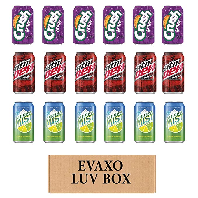 LUV BOX- variety soft drinks CANS 12 oz. pack of 18 , Crush Grape , Mtn Dew Code Red , Sierra Mist Lemon Lime.by evaxo - 343528906066
