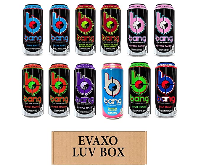  LUV BOX- variety bang Energy drink 16 oz. pack of 12 , blue razz , cherry blade limeade , cotton candy , peach mango , purple haze , rainbow unicorn , sour heads , star blast.by evaxo  - 343528906189