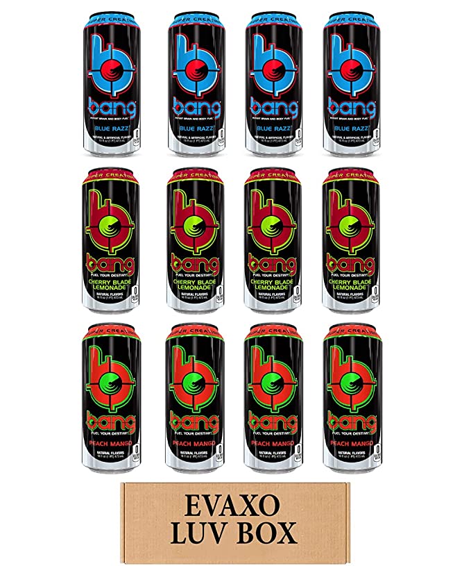  LUV BOX- variety bang Energy drink 16 oz. pack of 12 , blue razz , cherry blade limeade , peach mango.by evaxo  - 343528906202