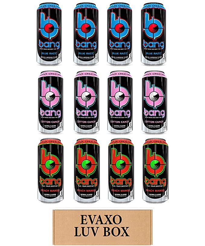  LUV BOX- variety bang Energy drink 16 oz. pack of 12 , blue razz , cotton candy , peach mango.by evaxo  - 343528906257