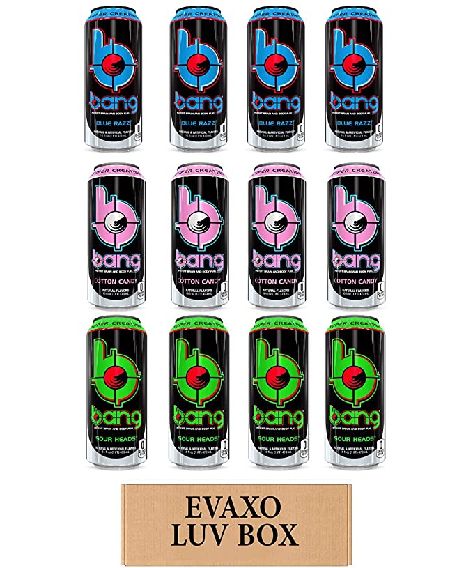  LUV BOX- variety bang Energy drink 16 oz. pack of 12 , blue razz , cotton candy , sour heads.by evaxo  - 343528906288