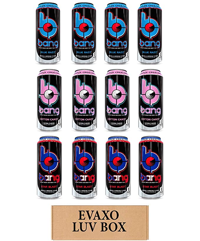 LUV BOX- variety bang Energy drink 16 oz. pack of 12 , blue razz , cotton candy , star blast.by evaxo - 343528906295