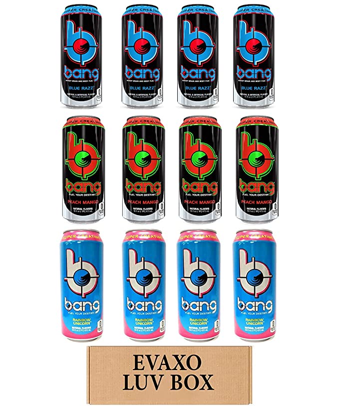  LUV BOX- variety bang Energy drink 16 oz. pack of 12 , blue razz , peach mango , rainbow unicorn.by evaxo  - 343528906318