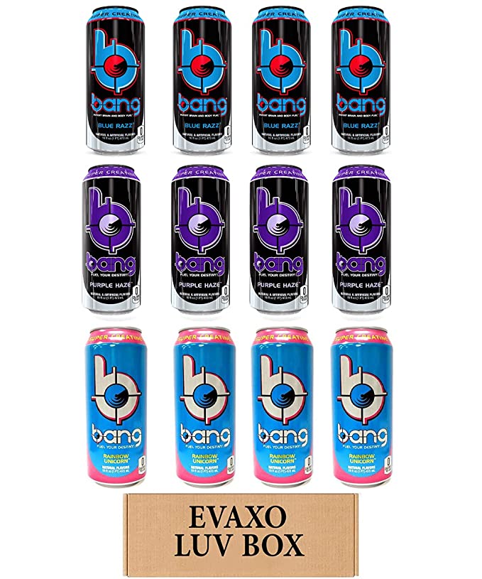 LUV BOX- variety bang Energy drink 16 oz. pack of 12 , blue razz , purple haze , rainbow unicorn.by evaxo  - 343528906349