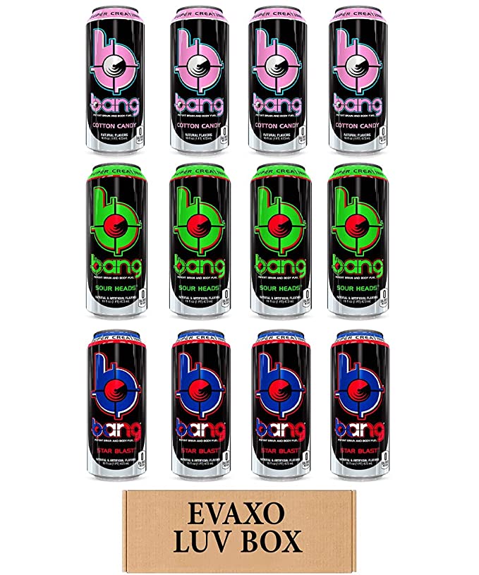  LUV BOX- variety bang Energy drink 16 oz. pack of 12 , cotton candy , sour heads , star blast.by evaxo  - 343528906646