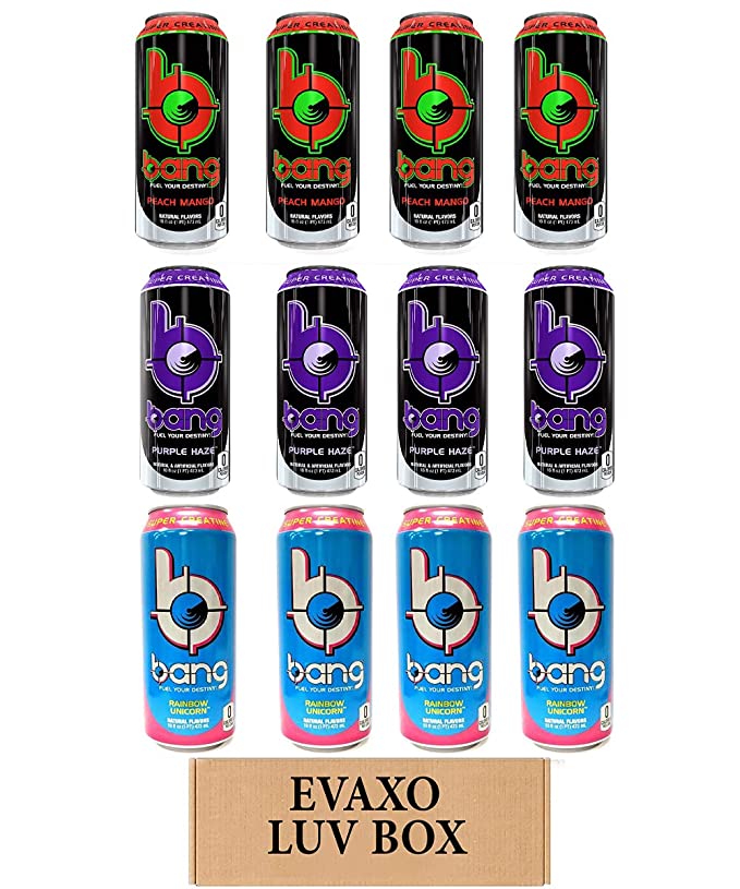 LUV BOX- variety bang Energy drink 16 oz. pack of 12 , peach mango , purple haze , rainbow unicorn.by evaxo - 343528906653