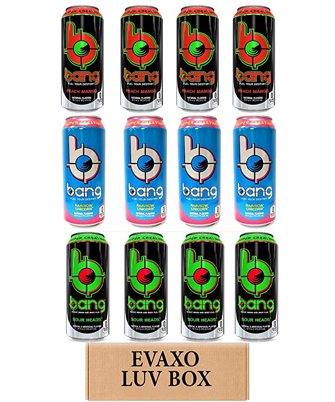  LUV BOX- variety bang Energy drink 16 oz. pack of 12 , peach mango , rainbow unicorn , sour heads.by evaxo  - 343528906684