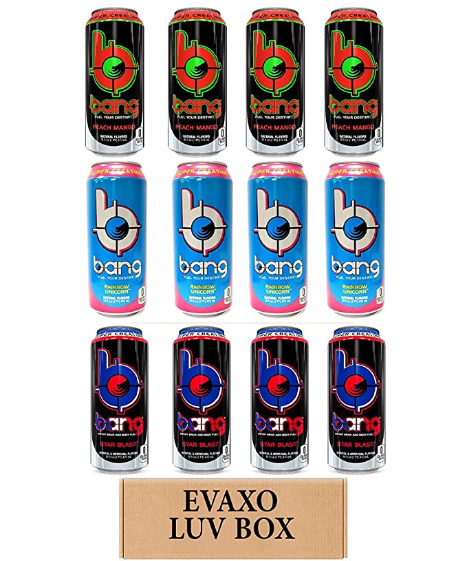  LUV BOX- variety bang Energy drink 16 oz. pack of 12 , peach mango , rainbow unicorn , star blast.by evaxo  - 343528906691