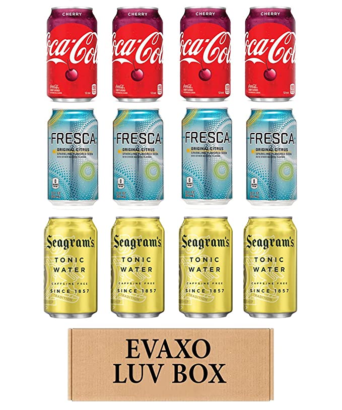 LUV BOX- variety soda Lovers 12 oz. pack of 12 Cans , coca cola cherry , FRESCA CANS , SEAGRAM'S TONIC WATER.by evaxo - 343528909753