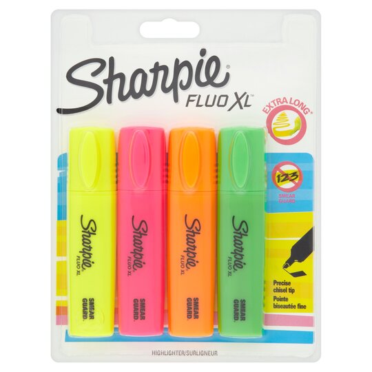 Sharpie Fluo XL Highlighters Chisel Tip Fluorescent, 4 Count - 3501178010312